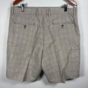 Tasso Elba Mens Plaid Shorts Tan White Cotton Linen Blend Size 36 Flat Front